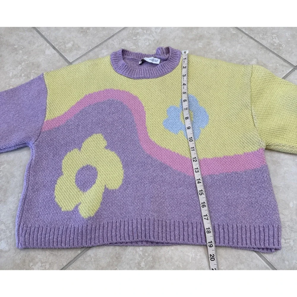 Zara Knit Floral Wavy Colorblock Cropped Sweater Pastel Yellow‎ Lilac Sz M